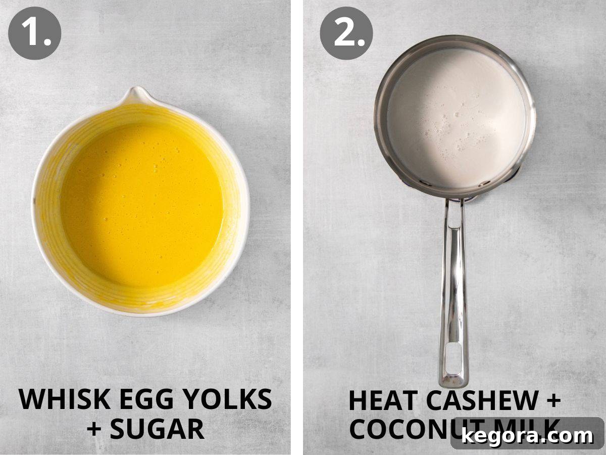 Spiced Dairy-Free Nog Delight 5 Step 1: Whisking egg yolks and sugar until light and creamy in a bowl. Step 2: Gently heating cashew and coconut milk in a saucepan on the stovetop.