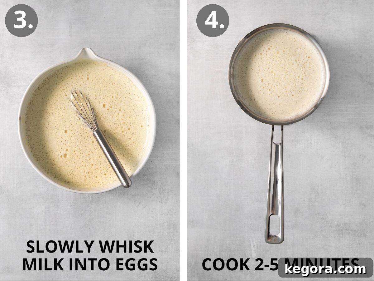 Spiced Dairy-Free Nog Delight 6 Step 3: Gradually adding hot milk to the egg mixture while whisking to temper them. Step 4: Cooking the tempered eggnog mixture in the saucepan until it slightly thickens.