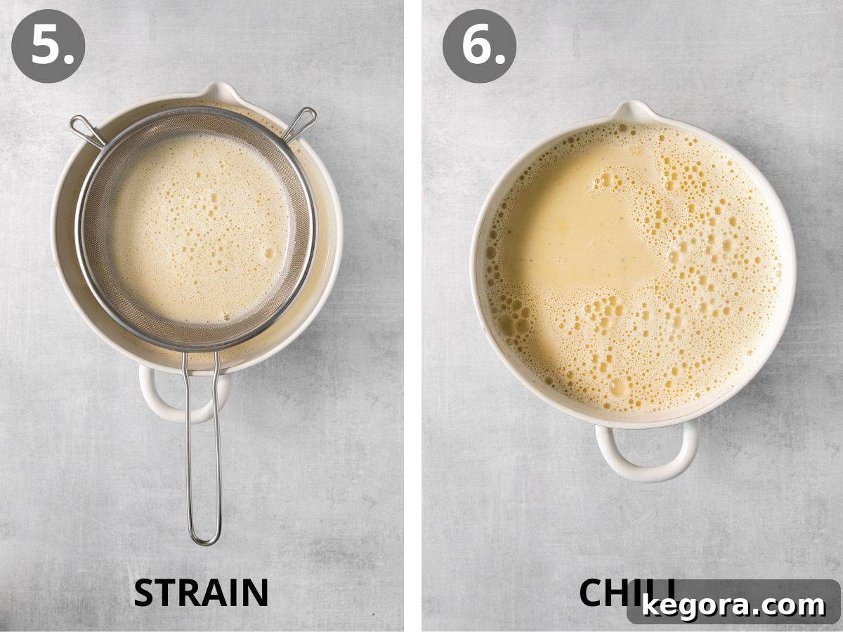 Spiced Dairy-Free Nog Delight 7 Step 5: Straining the freshly cooked dairy-free eggnog into a clean bowl, then stirring in vanilla and nutmeg. Step 6: The eggnog is covered with plastic wrap and chilling in the refrigerator.