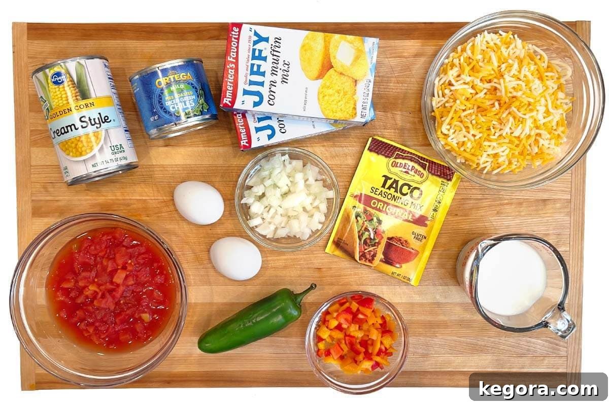Loaded Tex-Mex Cornbread 4 Tex-Mex Cornbread ingredients on a board