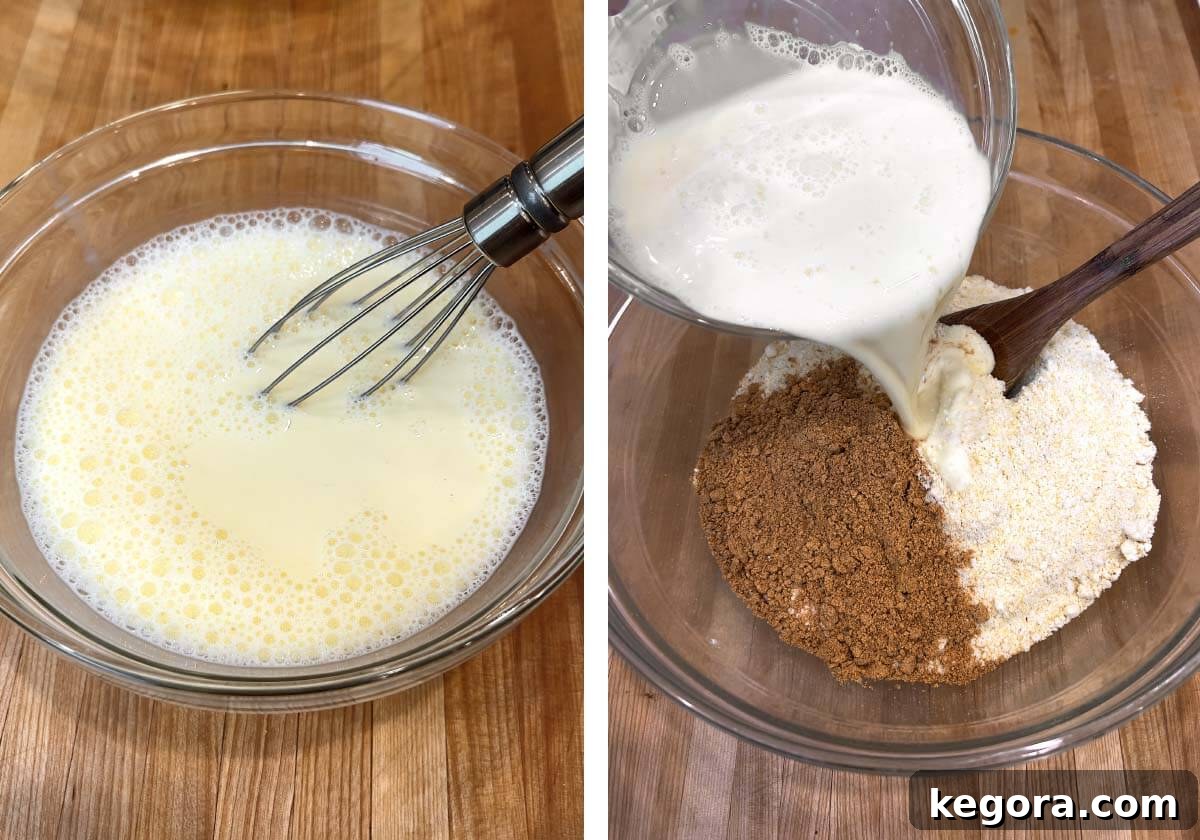 Loaded Tex-Mex Cornbread 6 whisking eggs & milk together, pouring milk mixture into cornbread mix.