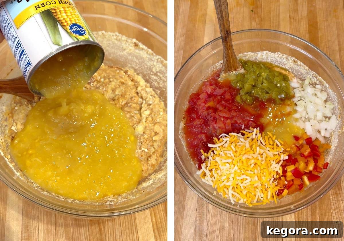 Loaded Tex-Mex Cornbread 7 adding creamed corn to cornbread batter, adding other veggies and cheese.