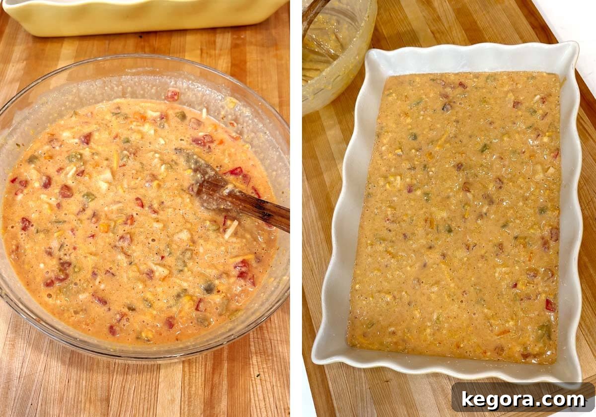 Loaded Tex-Mex Cornbread 8 mixing cornbreat batter with spoon, mixture poured in baking dish