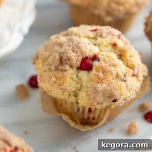 A single gluten-free cranberry orange muffin, perfectly golden, resting on a elegant marble surface with delicate crumbs and a white napkin nearby.