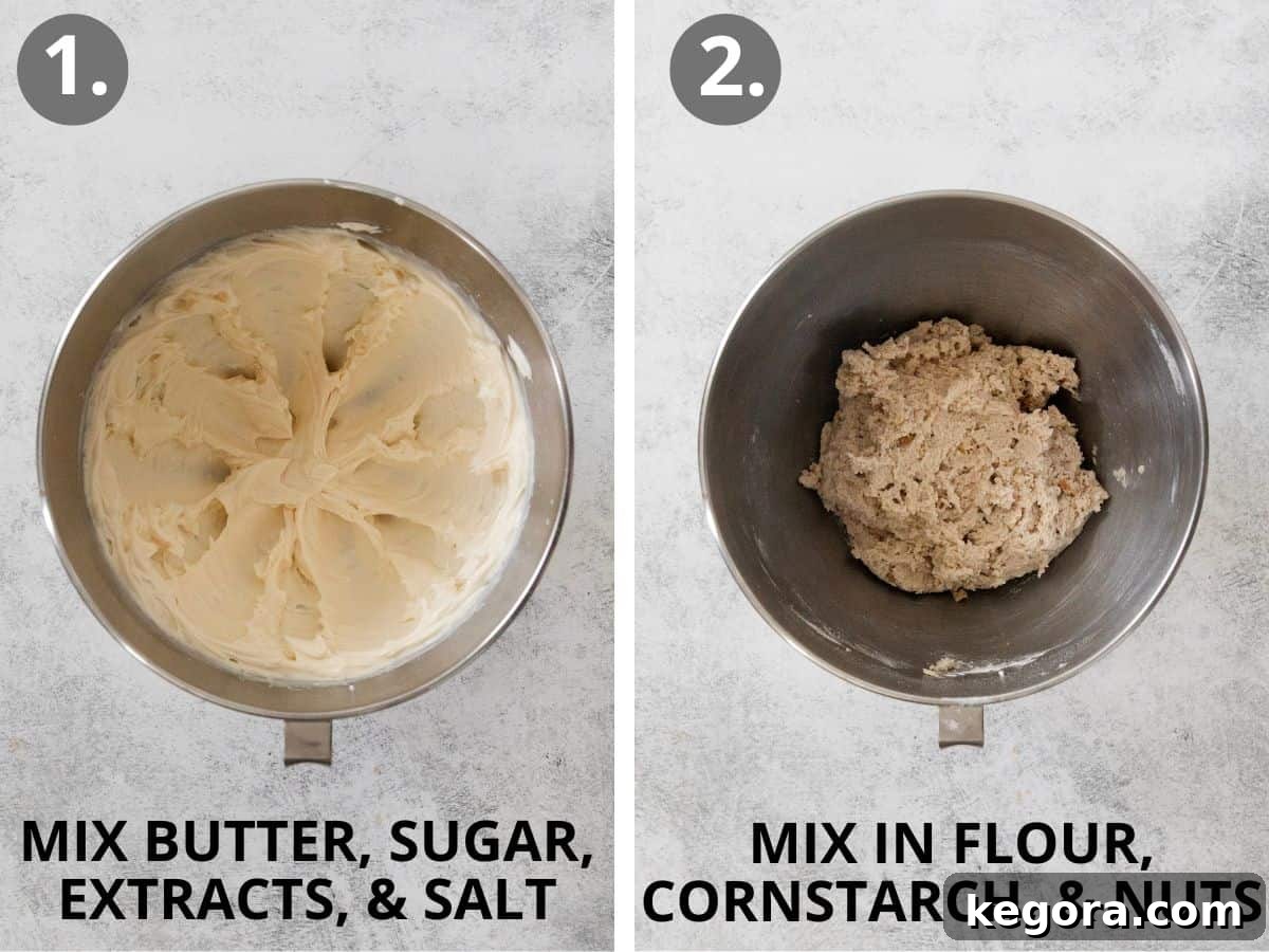 Dusted Dream Gluten-Free Snowballs 5 Two images side-by-side: first shows butter, sugar, and extracts being creamed in a stand mixer; second shows gluten-free flour, cornstarch, and pecans being added to the mixture.