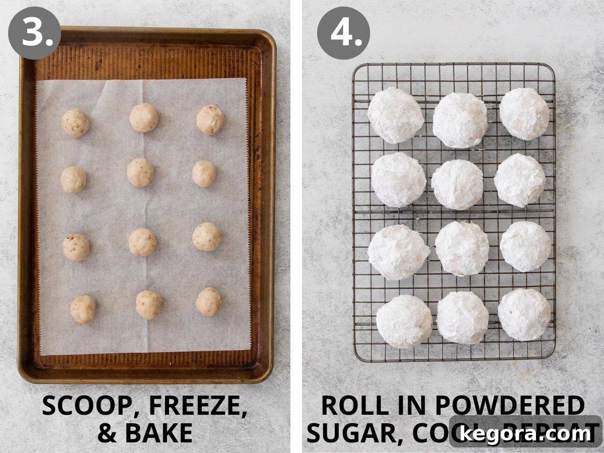 Dusted Dream Gluten-Free Snowballs 6 Two images side-by-side: first shows scooped cookie dough balls arranged on a baking sheet, ready for the oven; second shows warm baked cookies being rolled in powdered sugar.