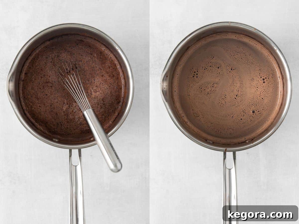 Gluten-free hot chocolate in a saucepan with a whisk, and gluten-free hot chocolate in a saucepan, demonstrating the cooking process