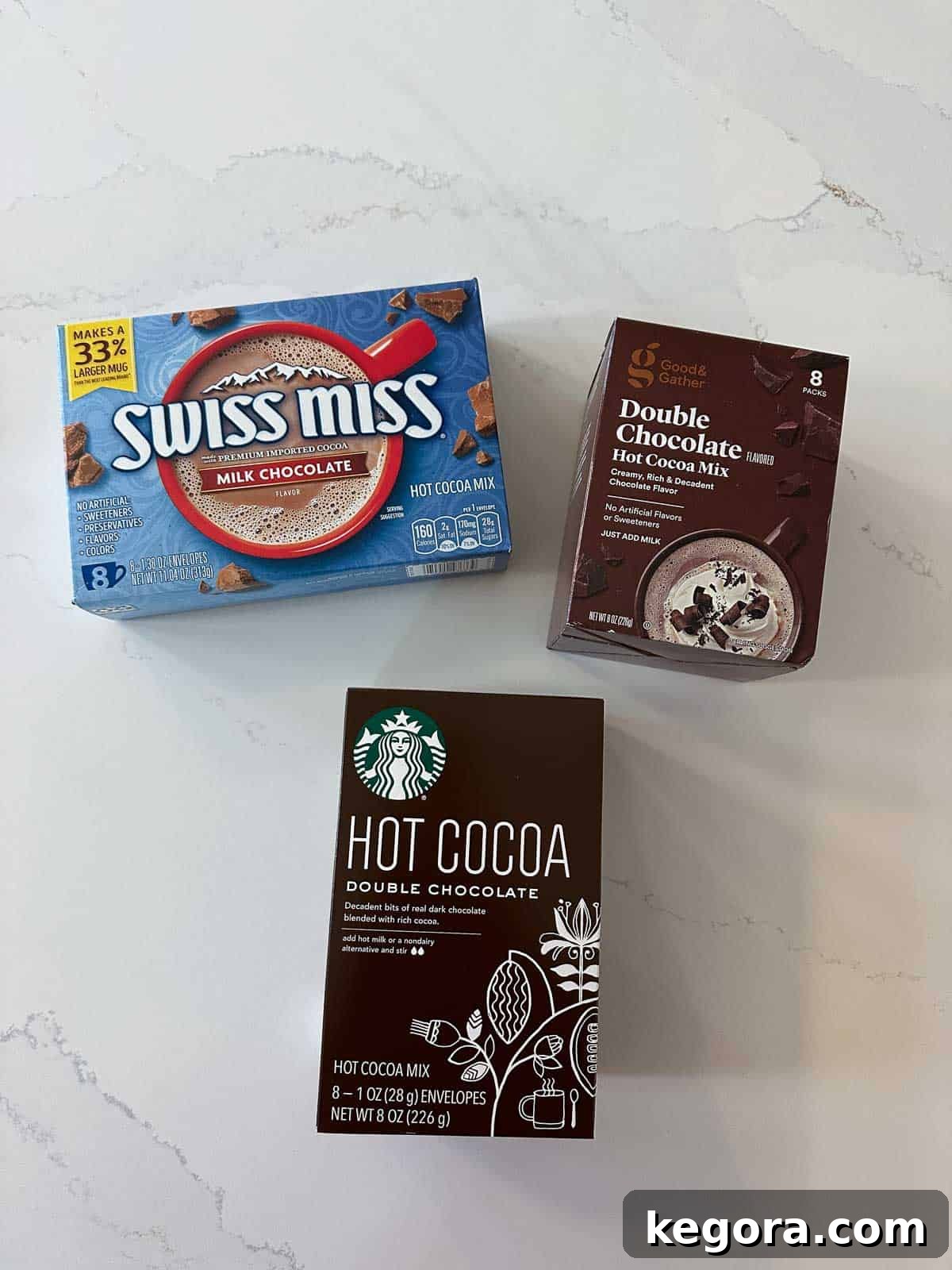 3 boxes of packaged hot chocolate on white background, highlighting various gluten-free options