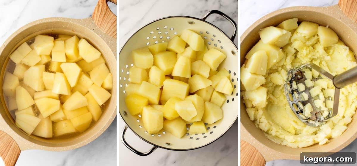 Potatoes being boiled, drained, and mashed in a pot for the Cottage Pie topping.