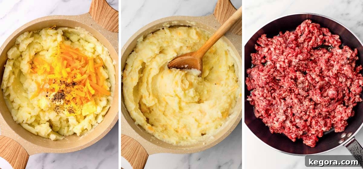 Shredded cheddar cheese being stirred into mashed potatoes, and ground beef starting to cook in a skillet.