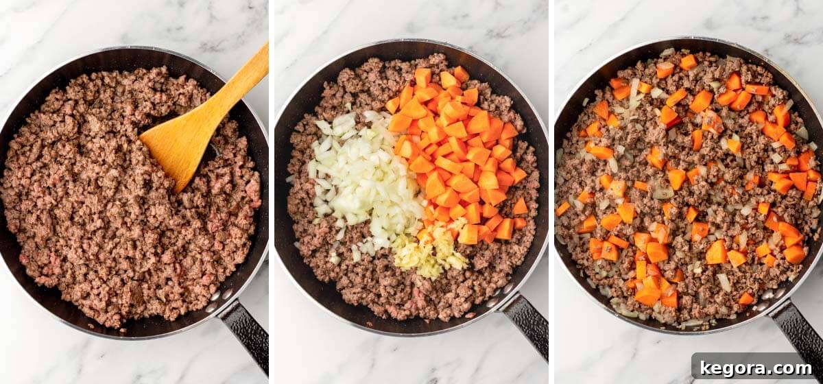 Ground beef cooking in a skillet, followed by diced onions, carrots, and minced garlic being added and stirred.