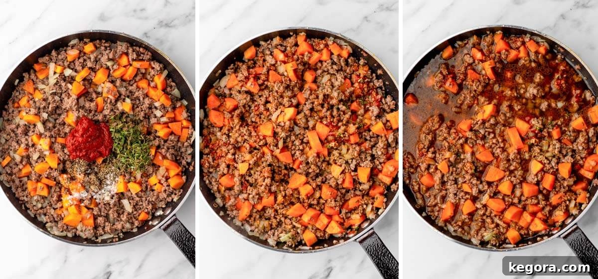 Tomato paste, Worcestershire sauce, thyme, salt, and pepper added to beef and vegetables, then Guinness and beef broth poured in.