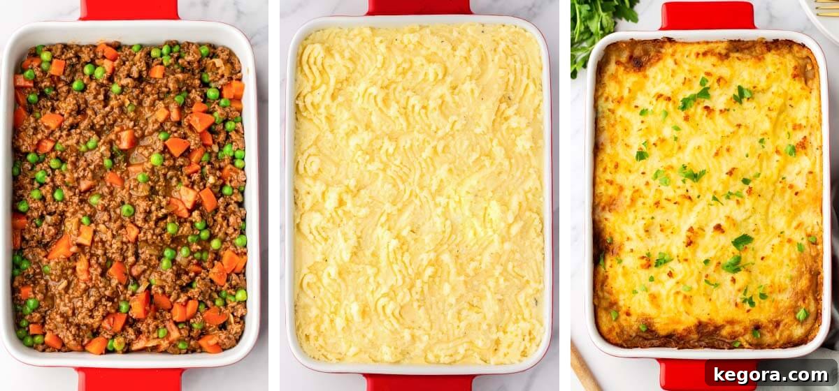 Beef filling spread in a baking dish, mashed potatoes spooned on top, and the finished baked pie with golden crust.