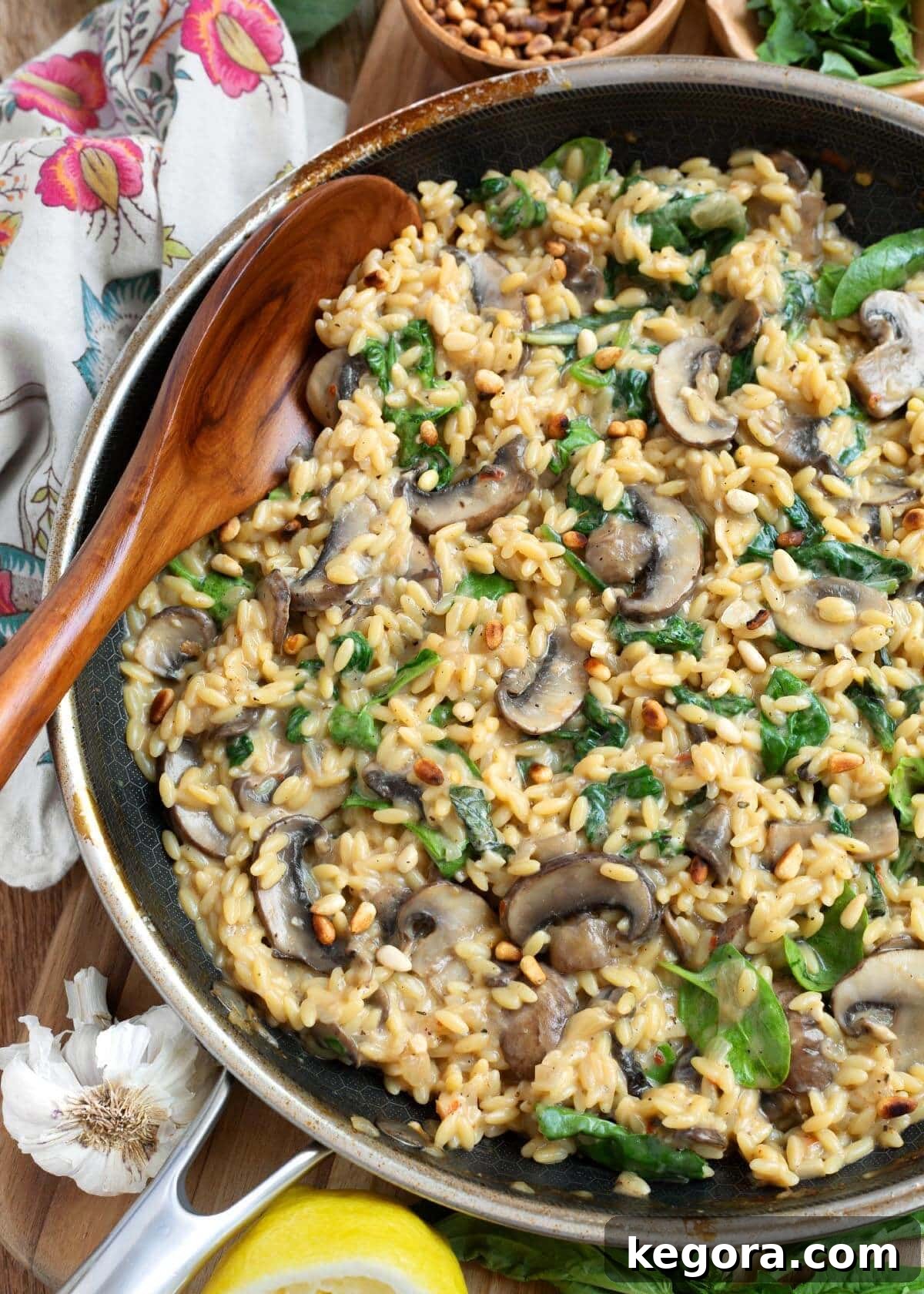 Spinach Mushroom Orzo in a skillet