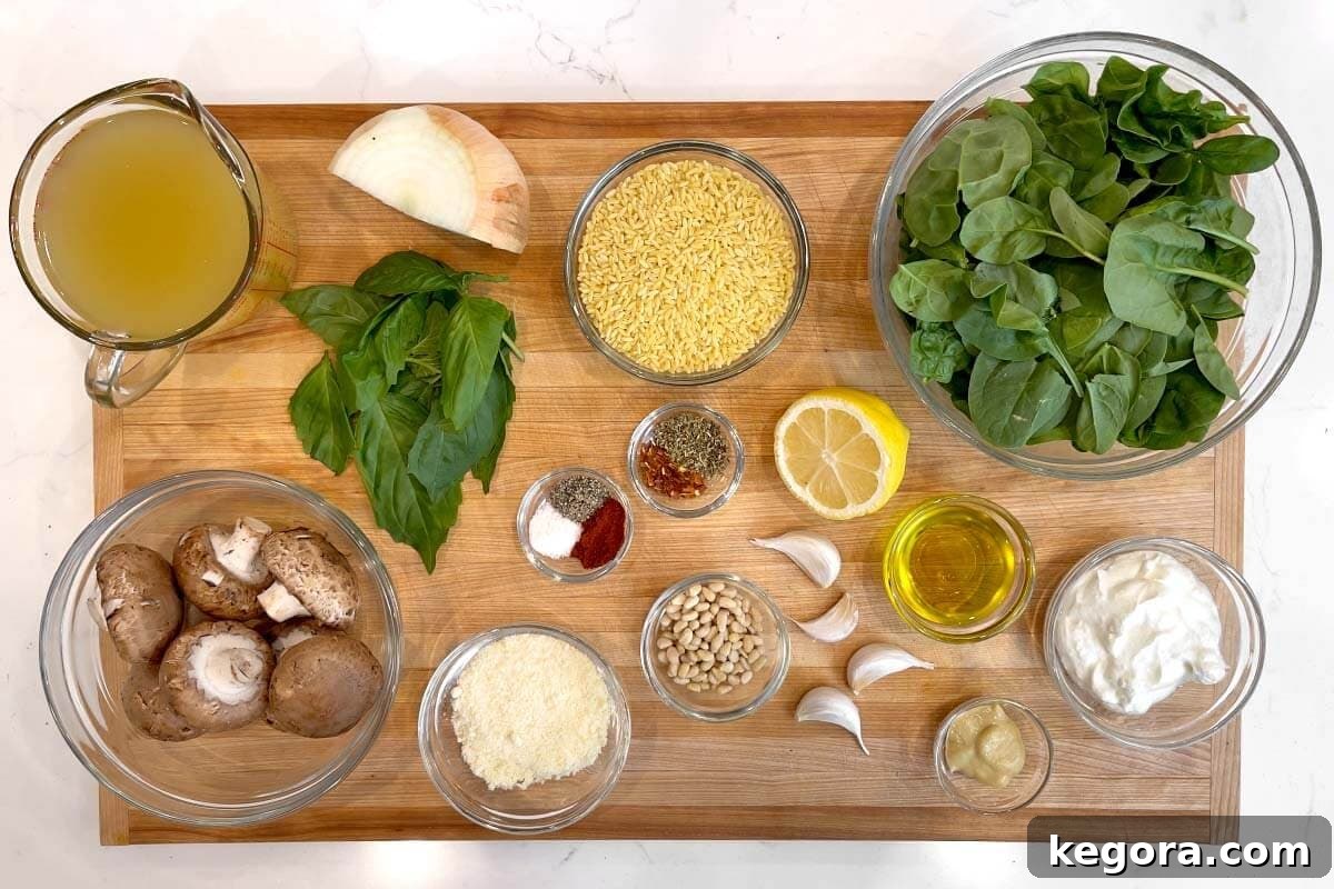 Spinach Mushroom Orzo ingredients on a board