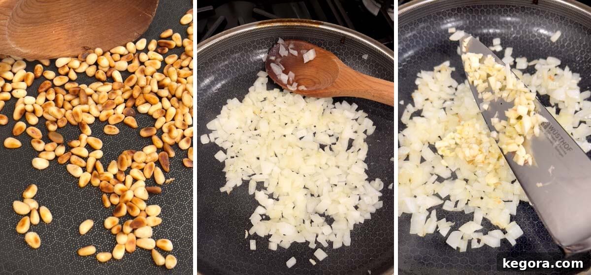 toasting pine nuts in skillet, sautéing onion and garlic.