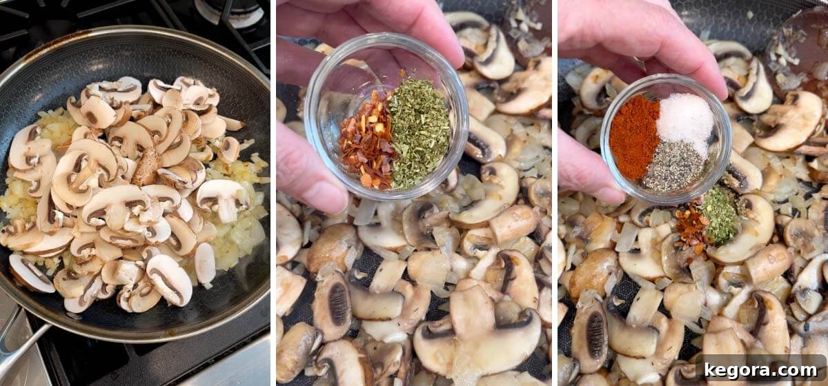 mushrooms adde to skillet, adding spices to mushrooms
