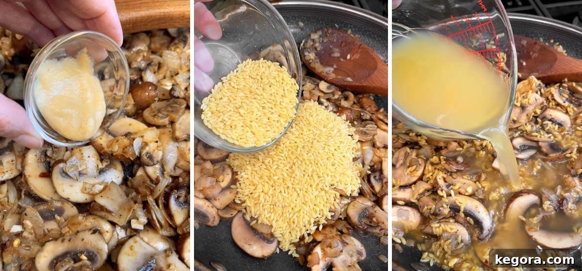 adding Dijon, orzo, and broth to skillet