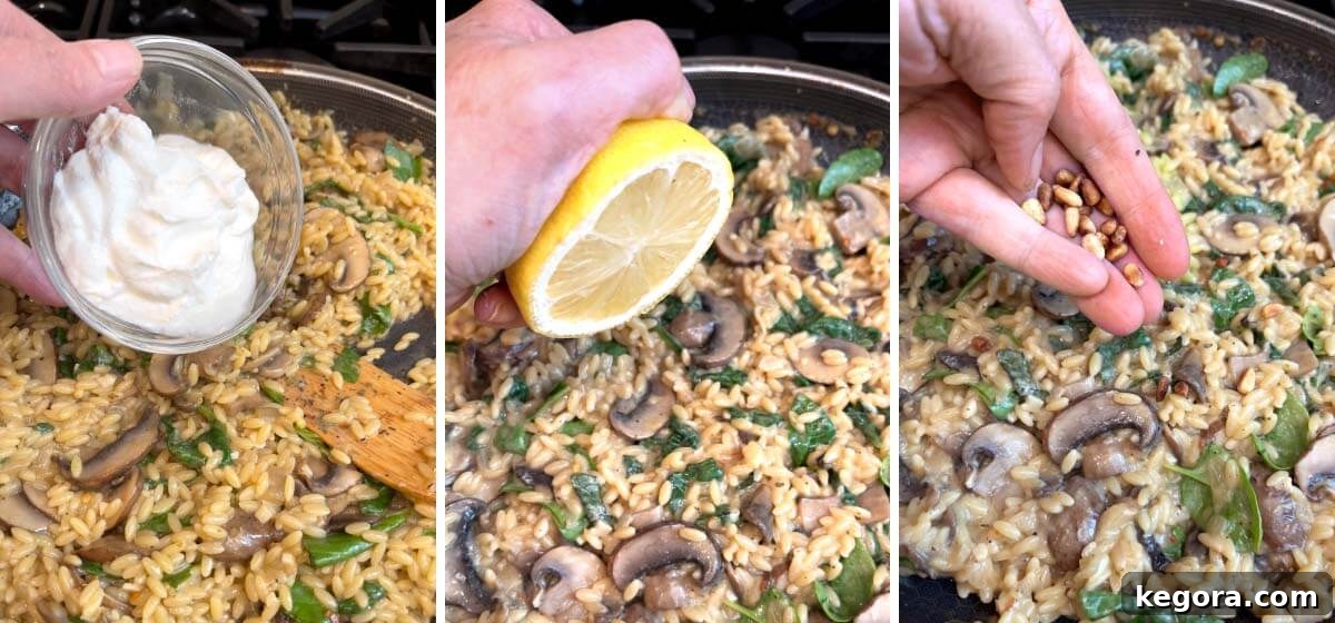 adding yogurt to mushroom spinach in skillet, squeezing in lemon, garnishing with toasted pine nuts
