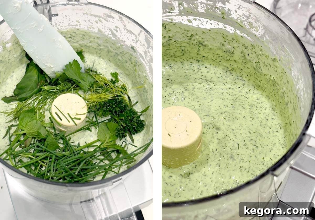 more herbs added to food processor, blended salad dressing in food processor.