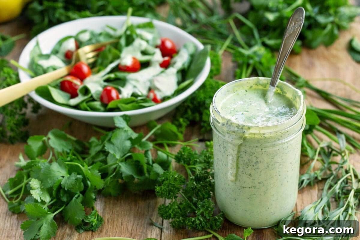 salad dressing in a jar with spoon, bowl of salad behind it.