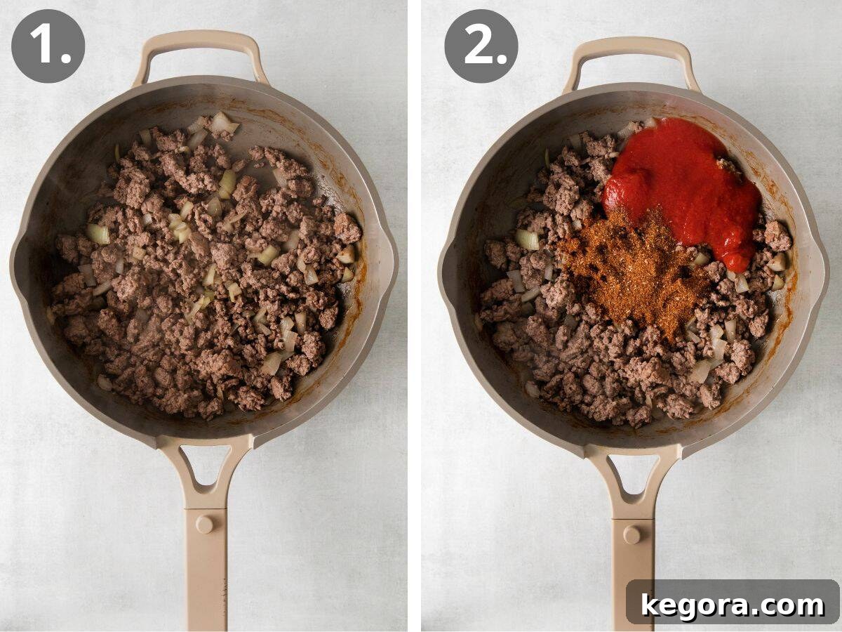 Effortless Gluten-Free Taco Night 5 Steps showing cooking ground meat with onion and adding tomato sauce and seasoning for gluten-free tacos.