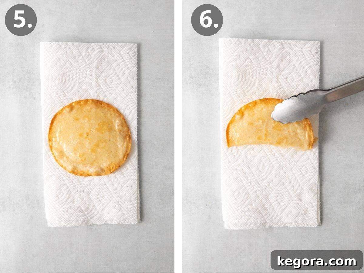 Effortless Gluten-Free Taco Night 7 Steps showing removing excess grease from fried tortillas and folding them into taco shells with tongs.