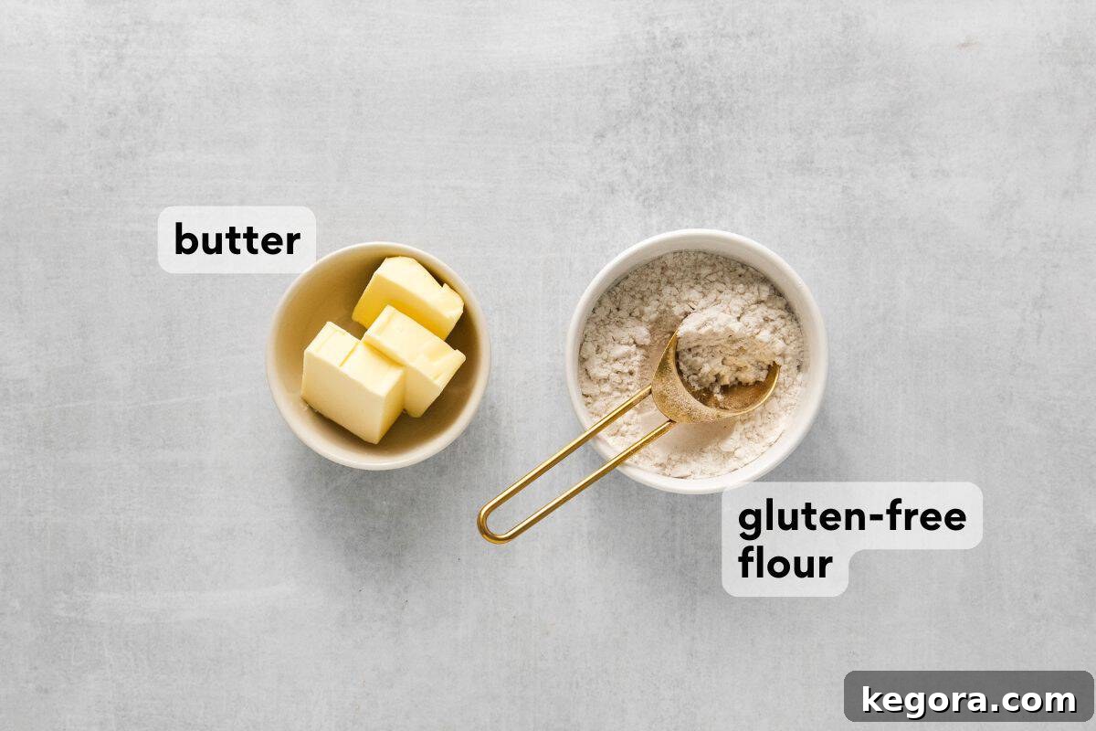 Easy Gluten-Free Roux 4 Separately measured ingredients for gluten-free roux: a stick of butter and a bowl of gluten-free flour.