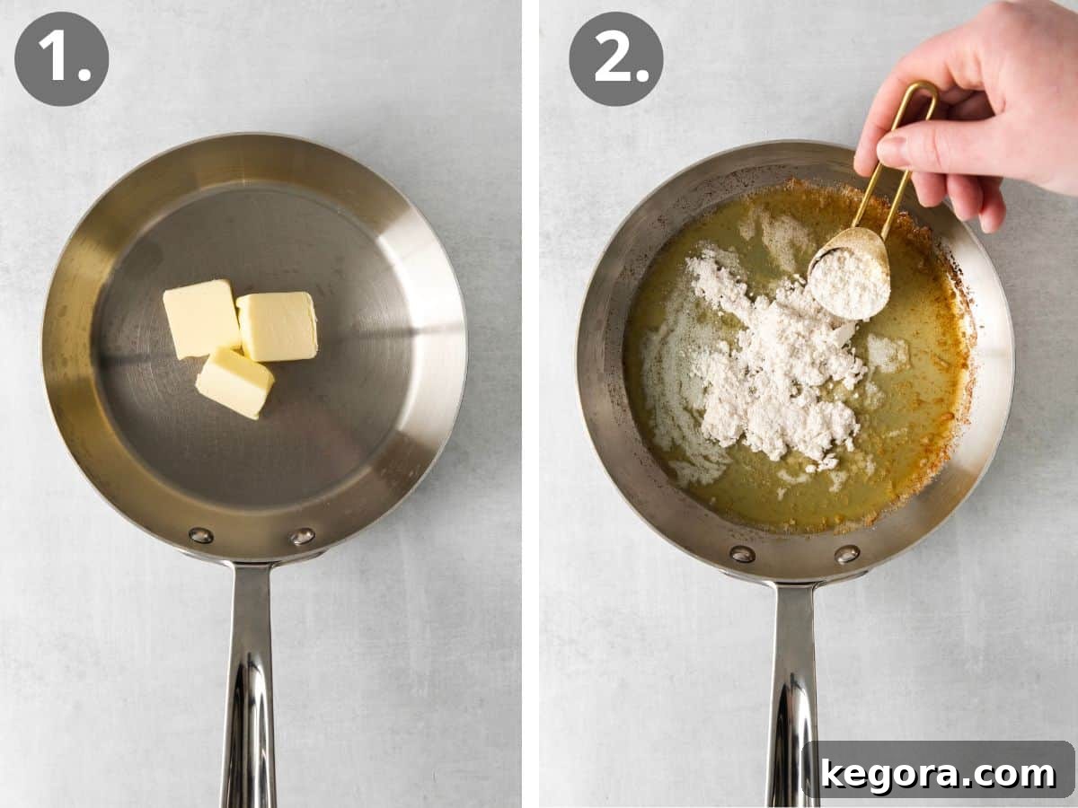 Easy Gluten-Free Roux 5 Steps for making gluten-free roux: melting butter in a saucepan and adding gluten-free flour.