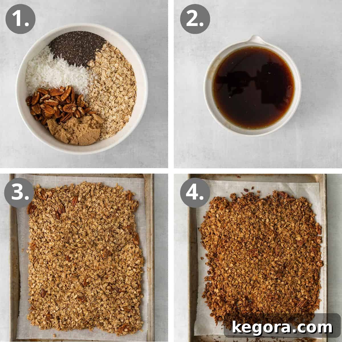 A four-panel image showing the process of making granola: mixing dry ingredients, combining with wet, spreading on a baking sheet, and baked granola cooling.