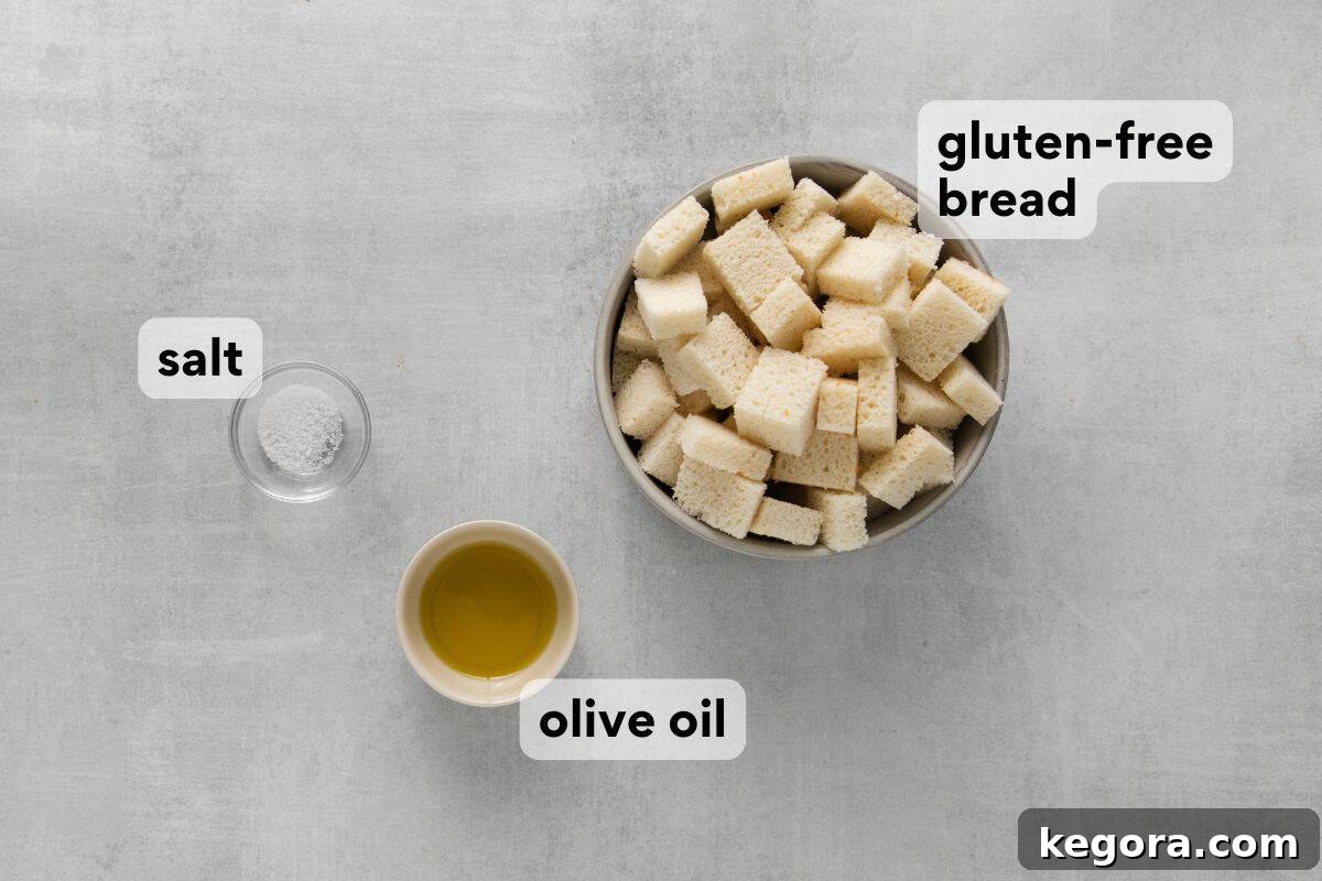breadcrumb ingredients measured and labeled, including gluten-free bread, olive oil, and salt.