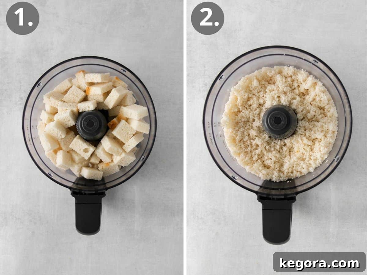 gluten-free bread in a food processor, before and after processing into crumbs.