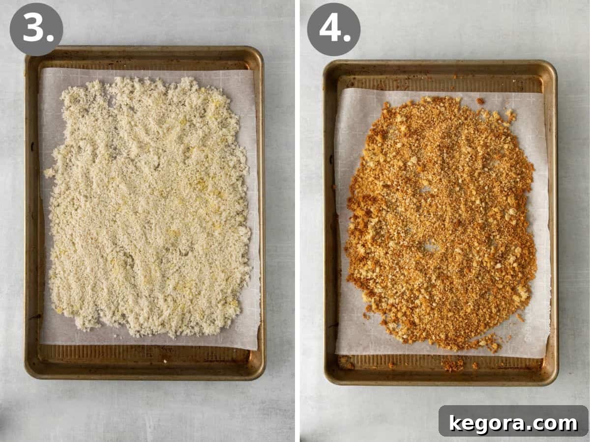 gluten-free breadcrumbs on a baking sheet, before and after baking to a golden brown.
