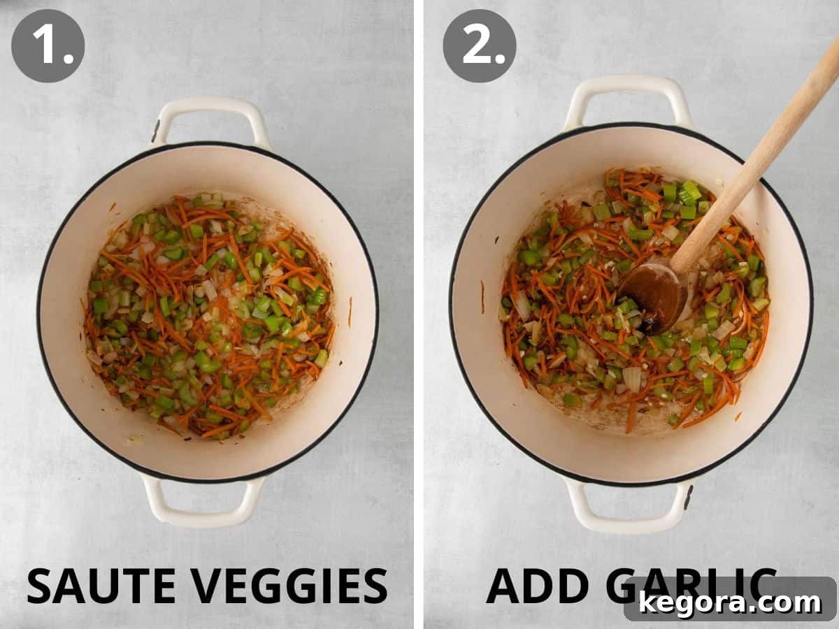 Sauteed veggies in a pot, followed by adding garlic to the pot