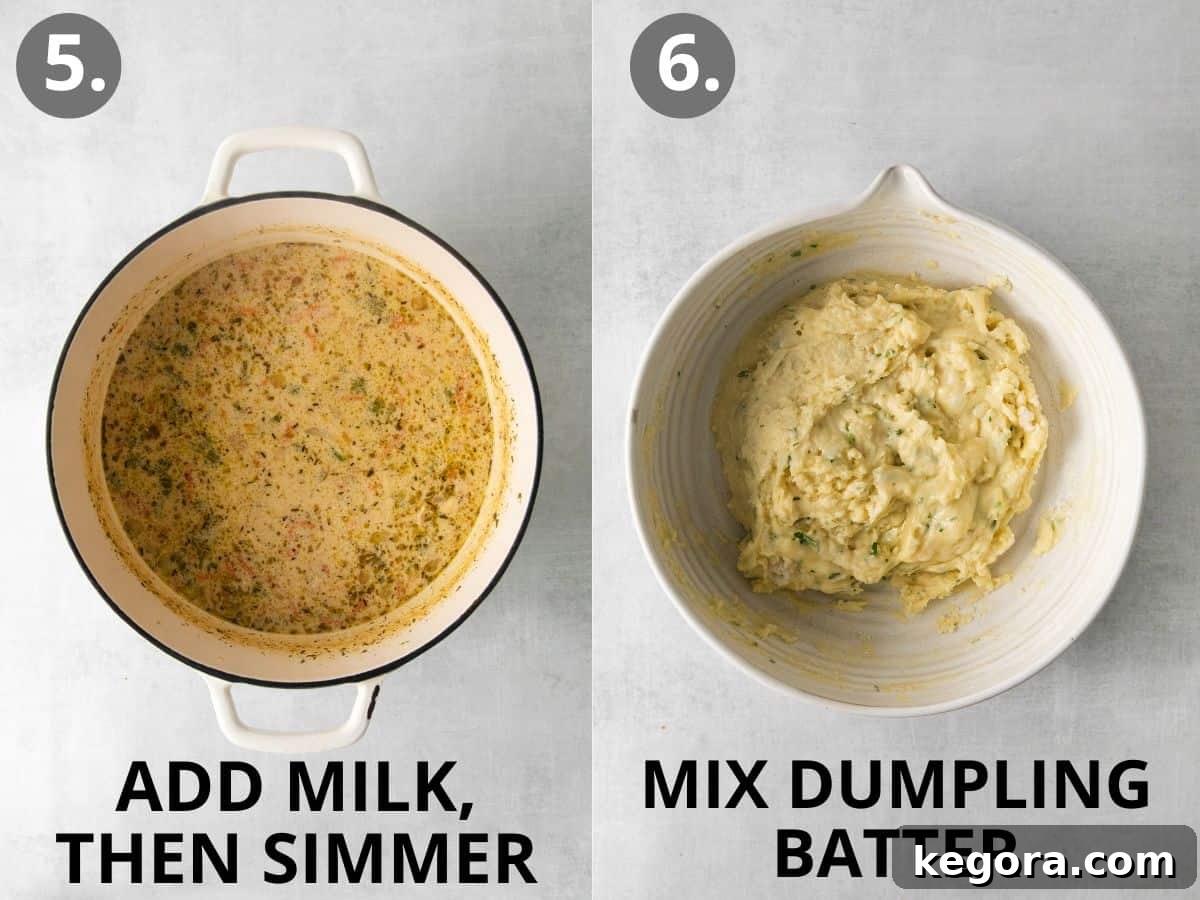 Evaporated milk and other ingredients simmering in a pot, and gluten-free dumpling batter in a mixing bowl