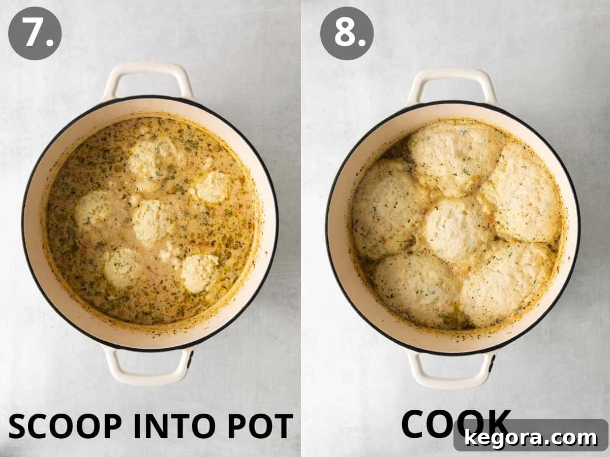 Gluten-free dumplings scooped into the pot of simmering soup, and the final cooked chicken and dumplings dish