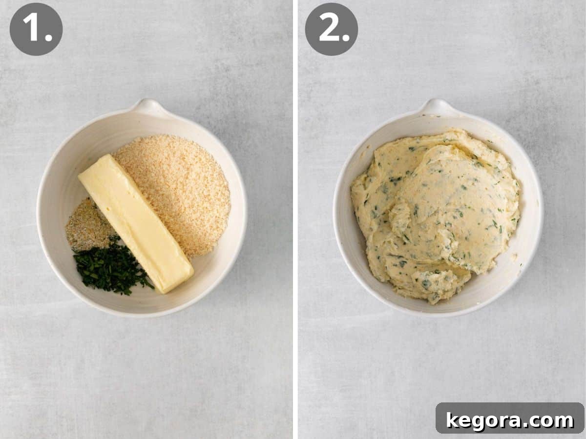 Two bowls showing the gluten-free garlic bread topping, one with ingredients separated and one mixed into a compound butter.