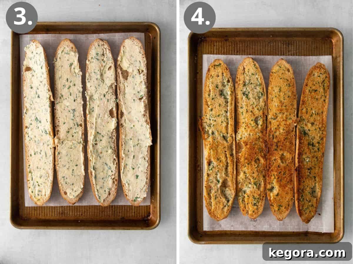 Gluten-free garlic bread halves on a baking sheet, showing one unbaked and one baked to golden perfection.
