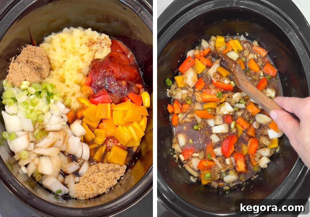 Ingredients for Slow Cooker Pineapple Chicken being added and stirred together in a crock pot.