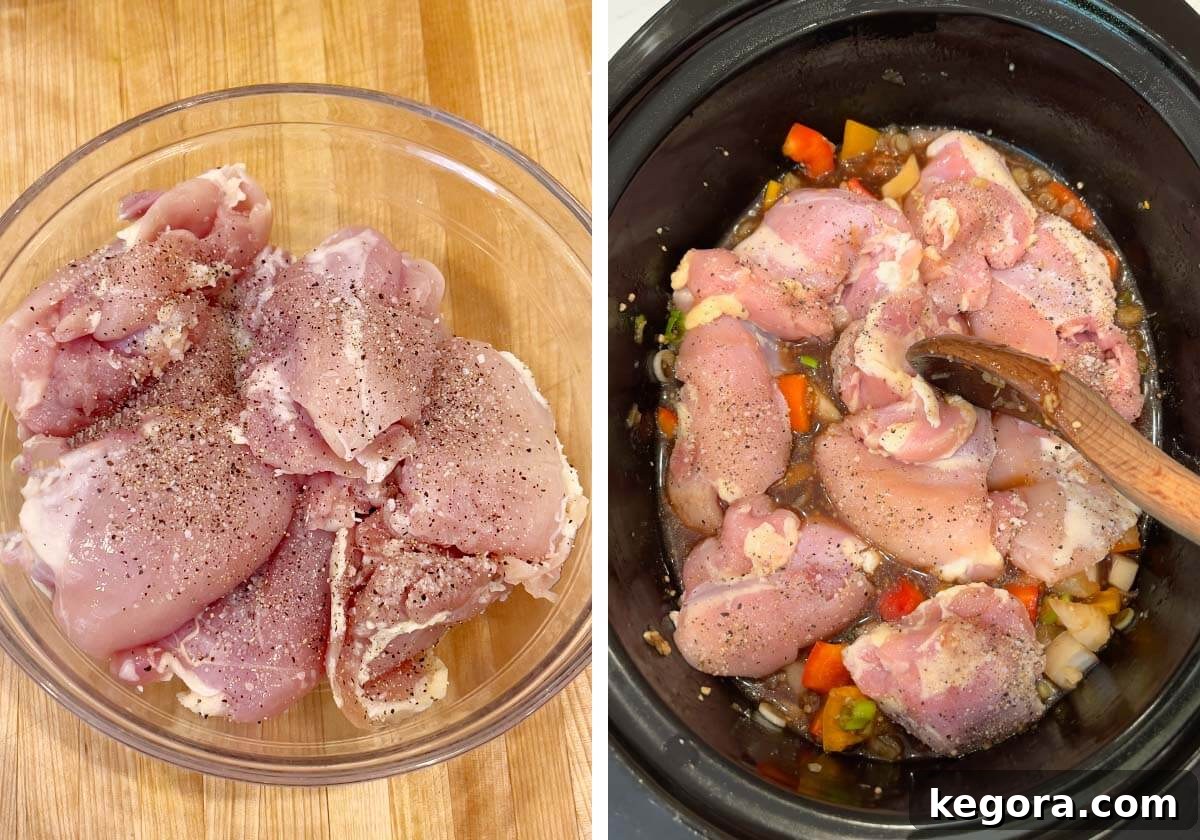 Raw chicken thighs seasoned with salt and pepper in a bowl, then added to the slow cooker with the sauce.