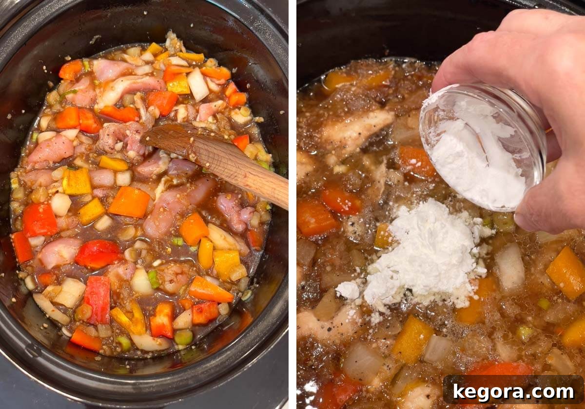 Chicken thighs being submerged in the sauce in the slow cooker, followed by the addition of cornstarch slurry for thickening.
