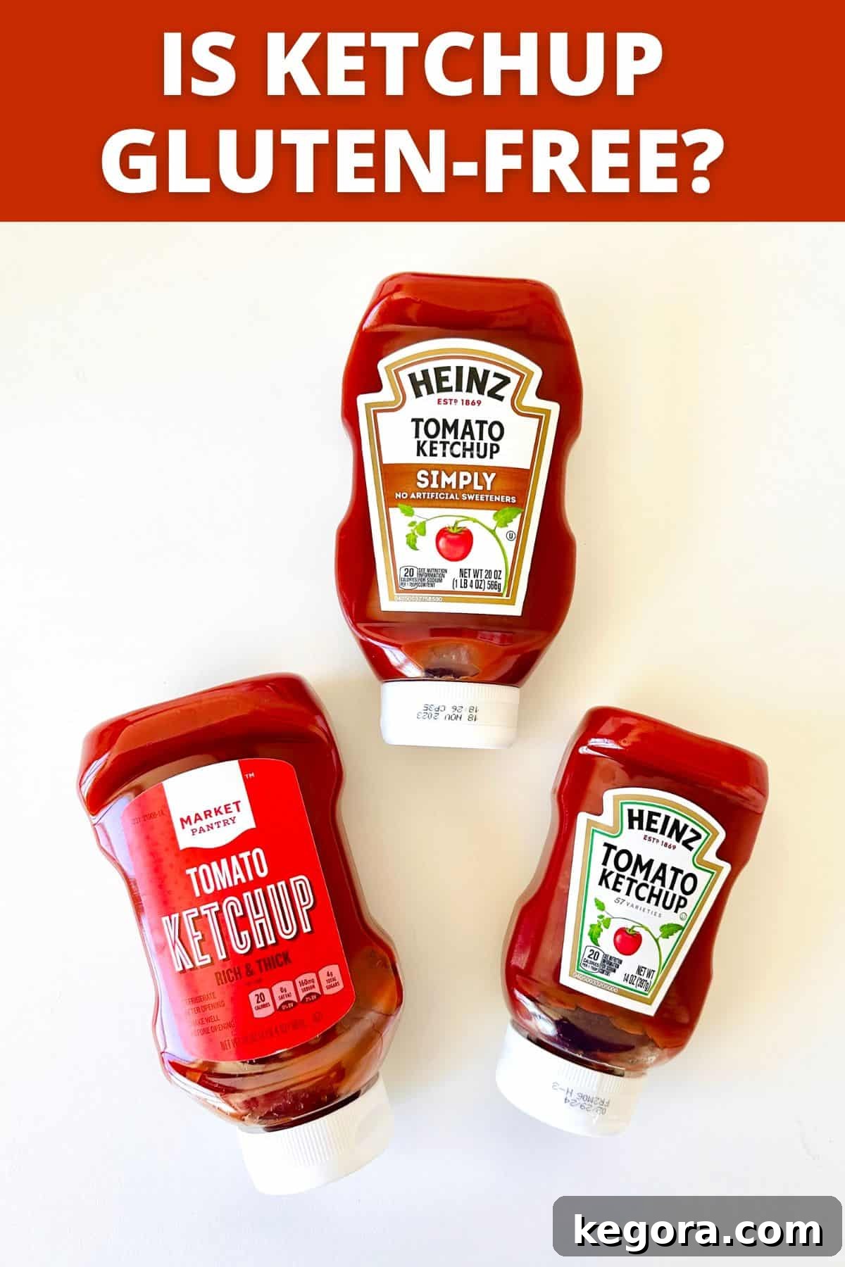 The Gluten-Free Truth About Ketchup 2 Three types of ketchup bottles arranged on a white background, suggesting variety and choice for gluten-free diets.