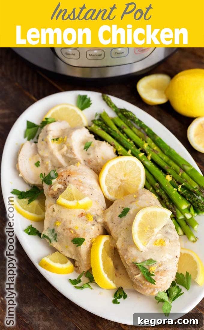 Instant Pot Luscious Lemon Chicken 6 Instant Pot Creamy Lemon Chicken with title and simply happy foodie logo