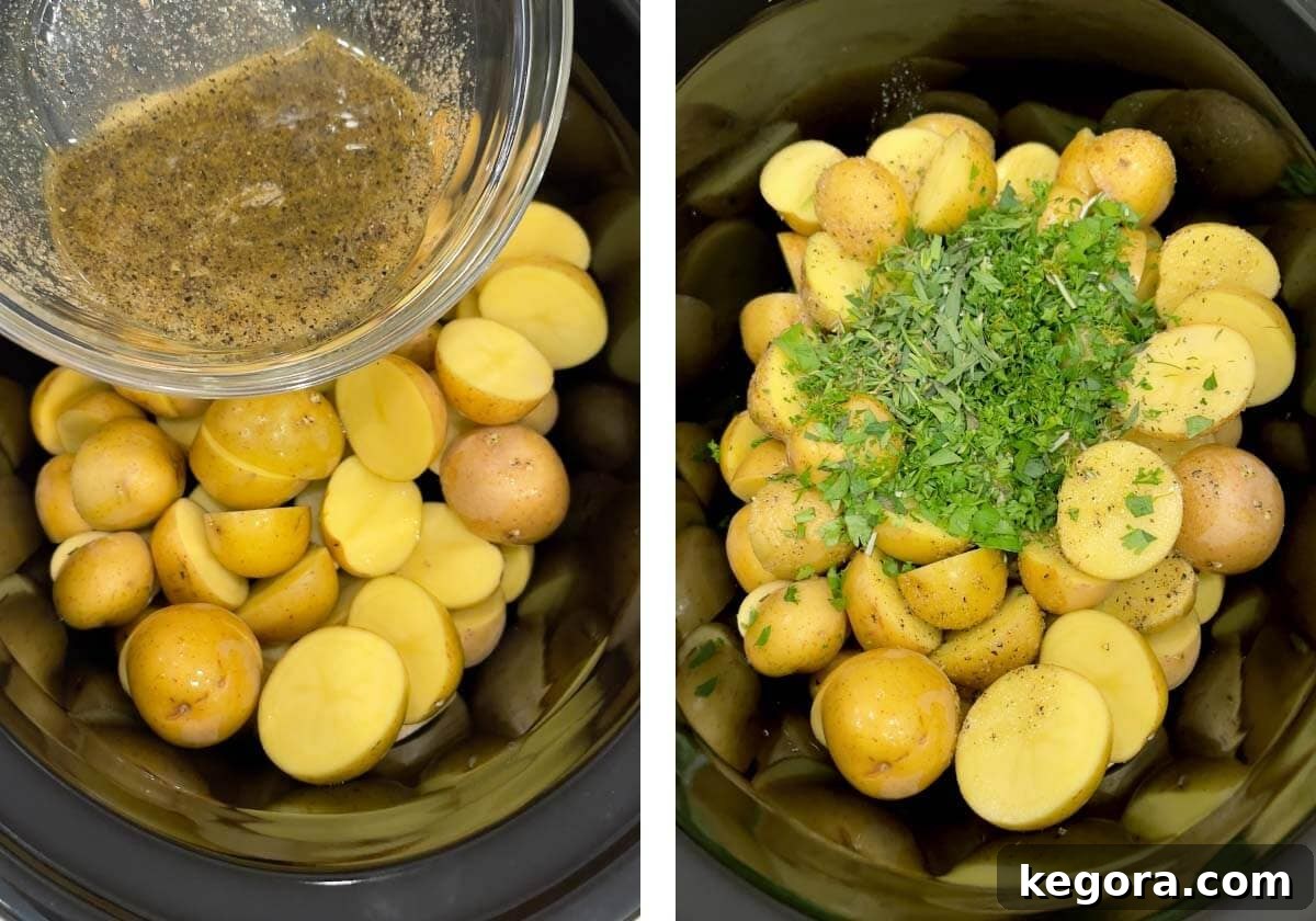 Savory Garlic Herb Slow Cooker Potatoes 6 Pouring the savory garlic herb sauce over chopped red potatoes in a slow cooker, with fresh herbs