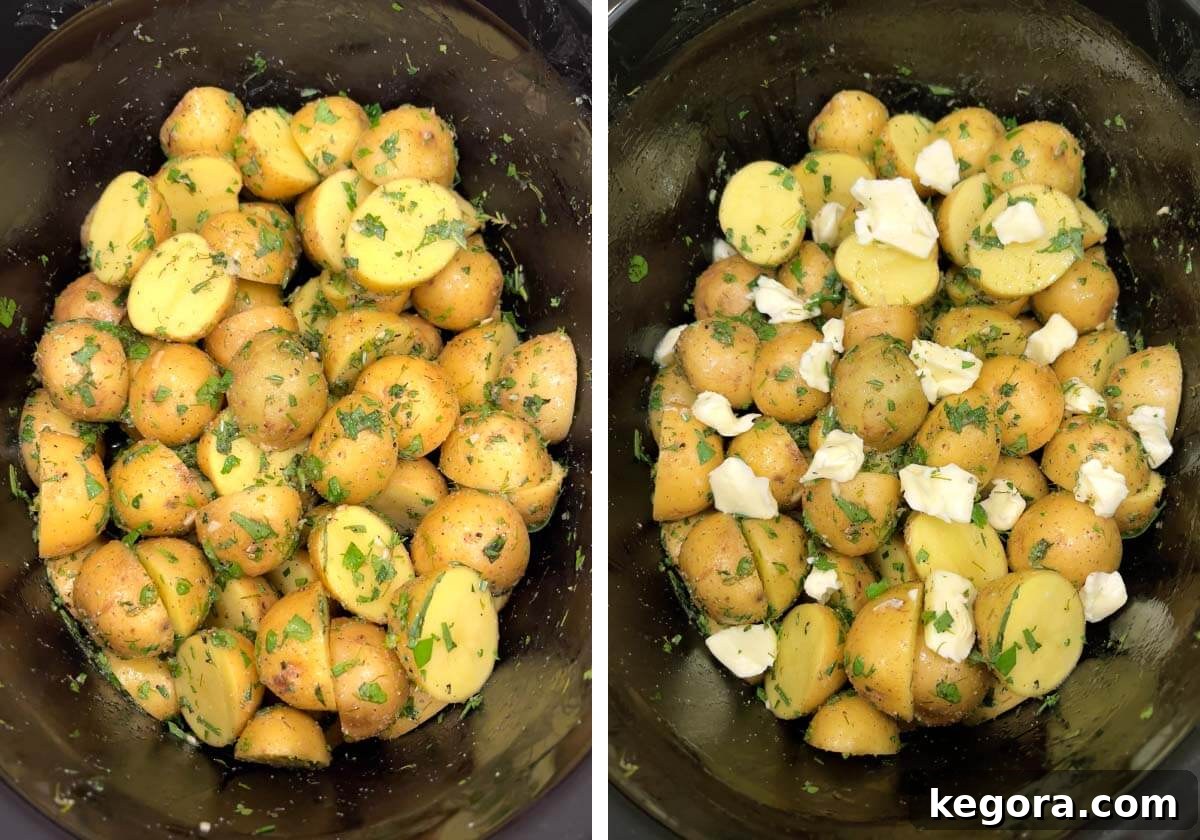Savory Garlic Herb Slow Cooker Potatoes 7 Chopped potatoes in a slow cooker, mixed with herbs and sauce, dotted with unsalted butter