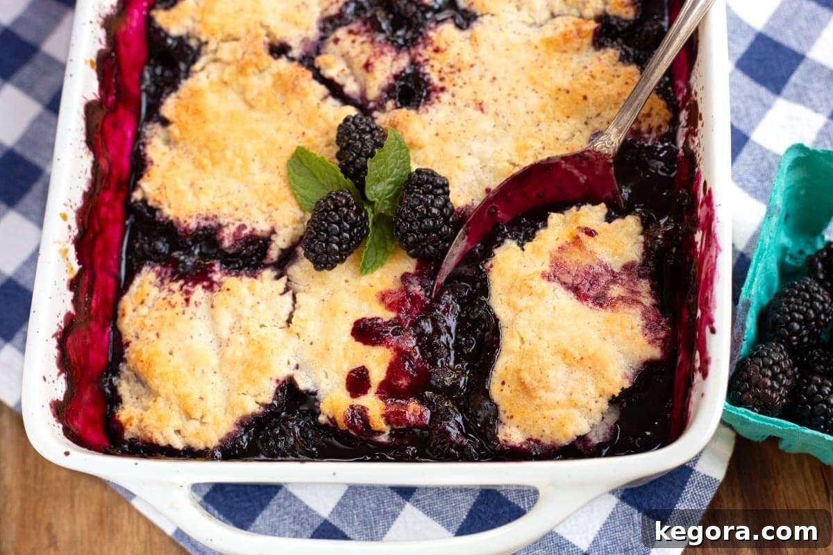 Close-up shot of Homemade Blackberry Cobbler in a white baking dish with a serving spoon, highlighting the bubbling berry filling and golden biscuit crust.