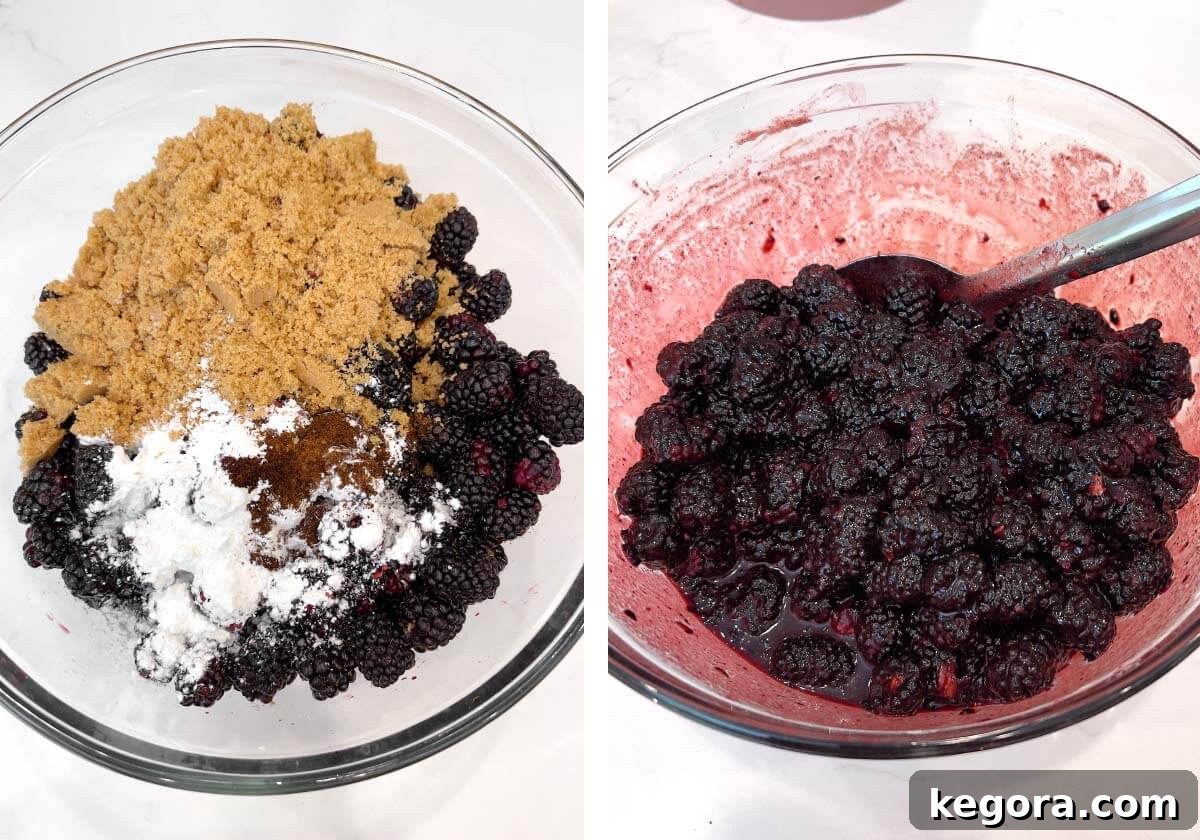 Image showing fresh blackberries and filling ingredients in a mixing bowl, followed by a bowl with the mixed blackberry filling ready.