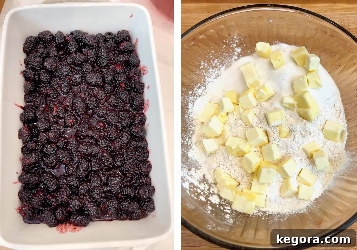 Image showing the blackberry filling poured into a baking dish, followed by cold, cubed butter being added to dry ingredients in a mixing bowl for the biscuit topping.
