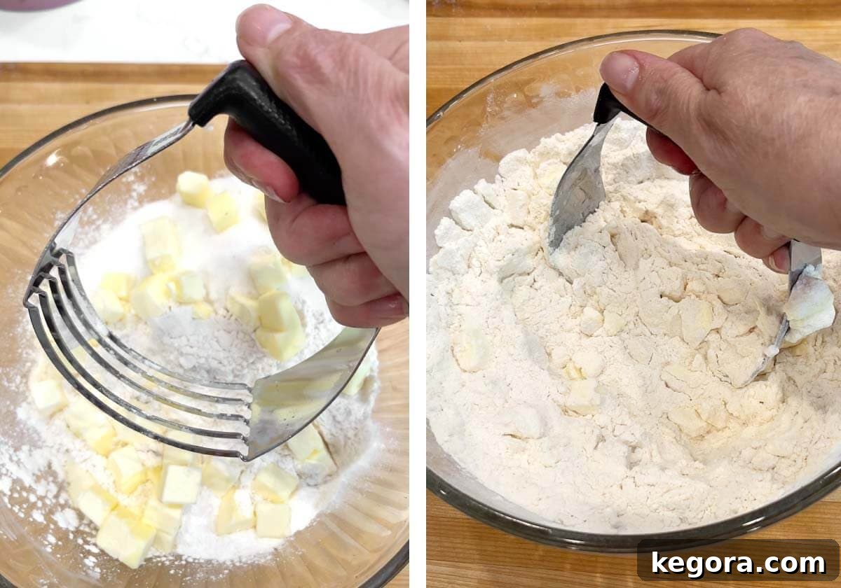 Close-up shot of a pastry cutter being used to cut cold butter into a flour mixture, creating pea-sized crumbs for the biscuit dough.
