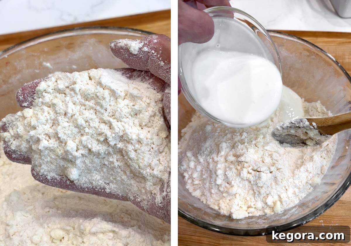 Image showing a hand mixing the flour and butter mixture, followed by the addition of cold buttermilk to form the biscuit dough.